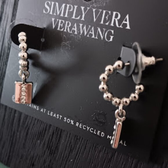 VERA WANG Mod/Contemporary Silver/Crystal Beaded Hoop Disc Charm Earrings**NEW! - Picture 2 of 2